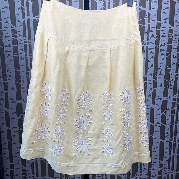 Peck & Peck Petite yellow 100% linen embroidered drop waist A-Line Midi skirt - Picture 1 of 14